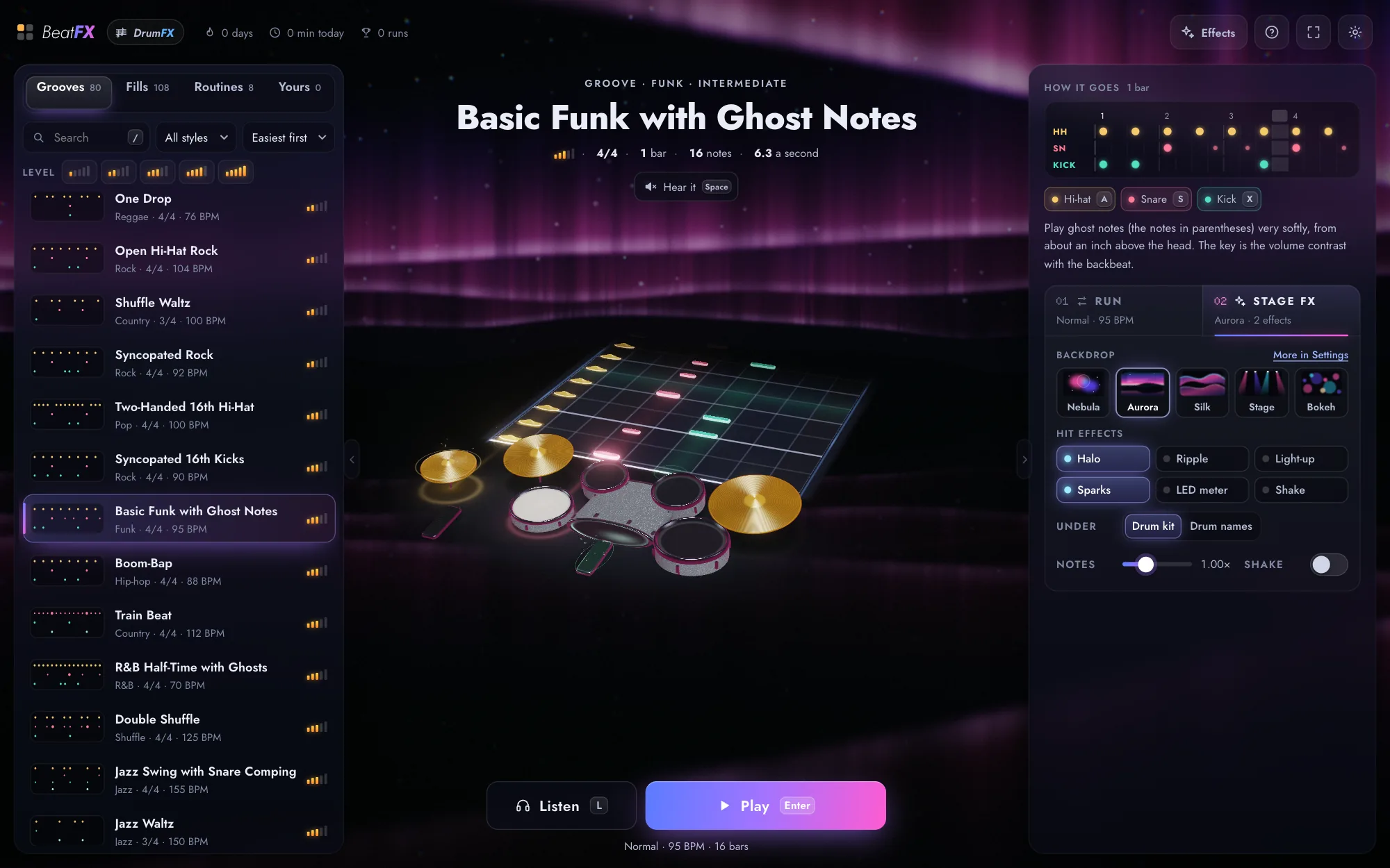 BeatFX's Stage FX: a moving backdrop behind the kit, with the backdrops and hit effects to choose from.