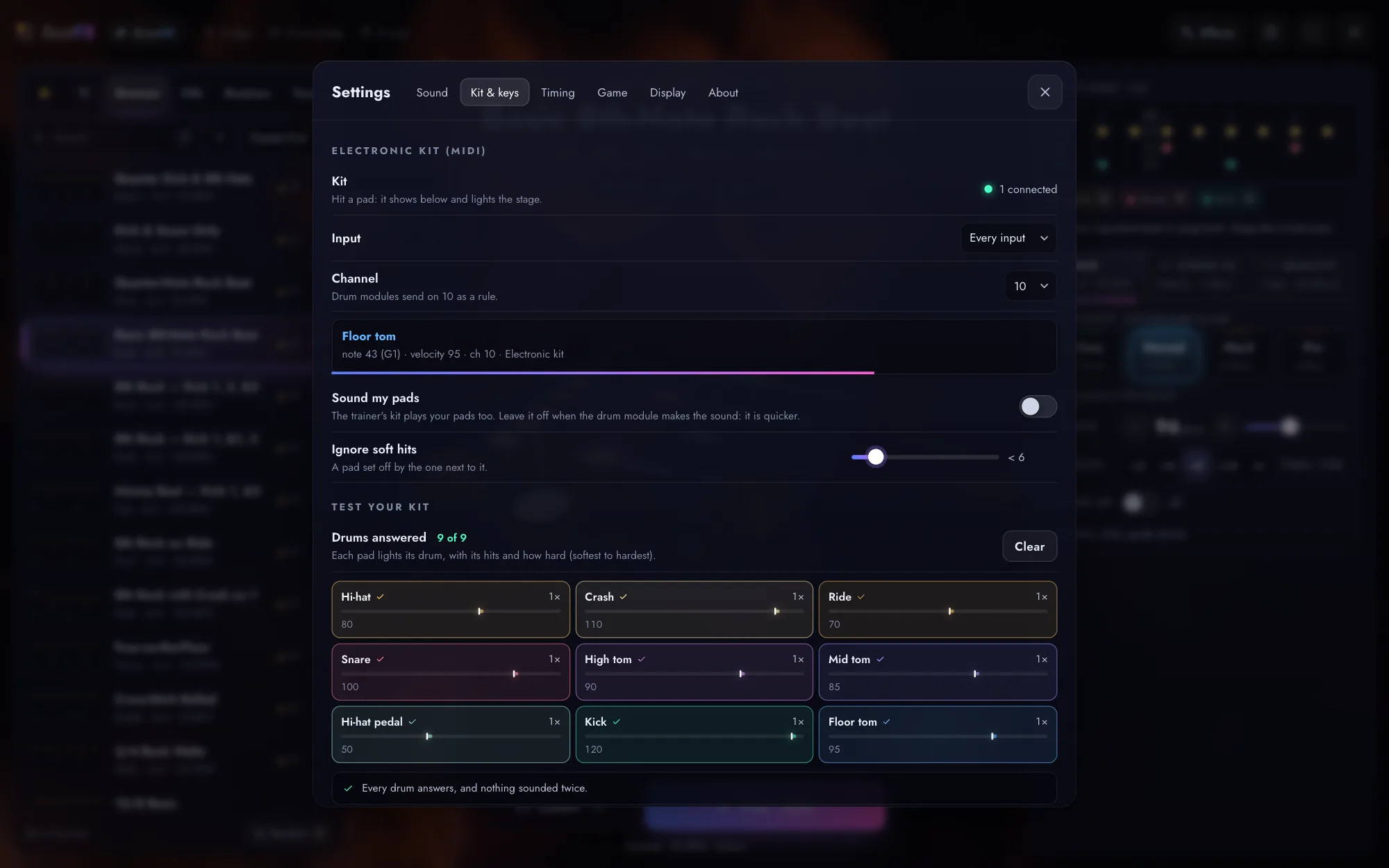 BeatFX's Settings → Kit & keys: an electronic kit connected over MIDI, and the kit test with all nine drums answered and how hard each was hit.