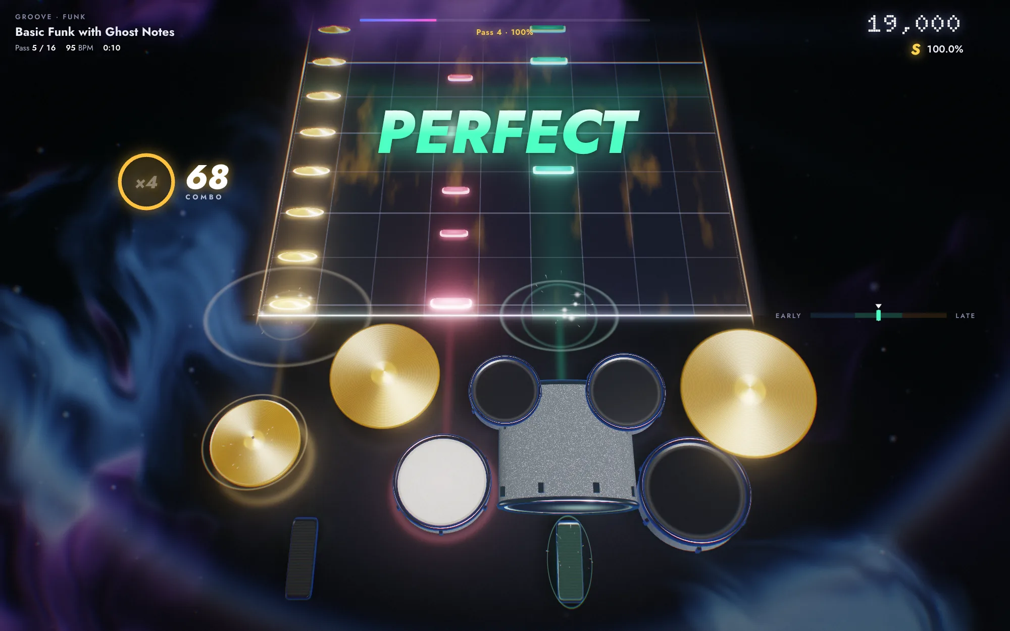 A BeatFX run: notes falling down nine columns onto a 3D drum kit, the combo counting up.