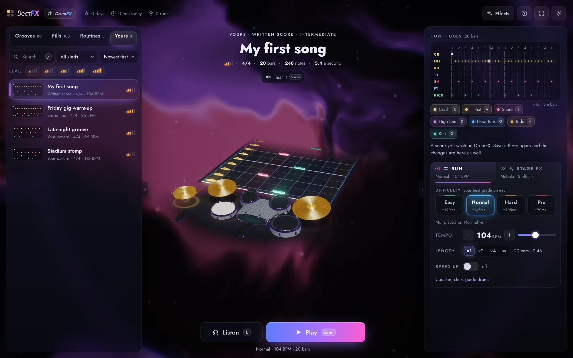 BeatFX's Yours shelf listing the songs and grooves made in DrumFX.